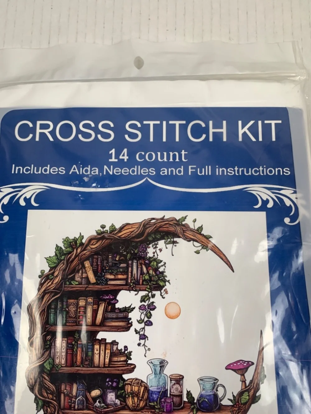 Cross Stitch Kit Crescent Moon Bookcase Stamped 14 Count NEW Whimsy Witchy
